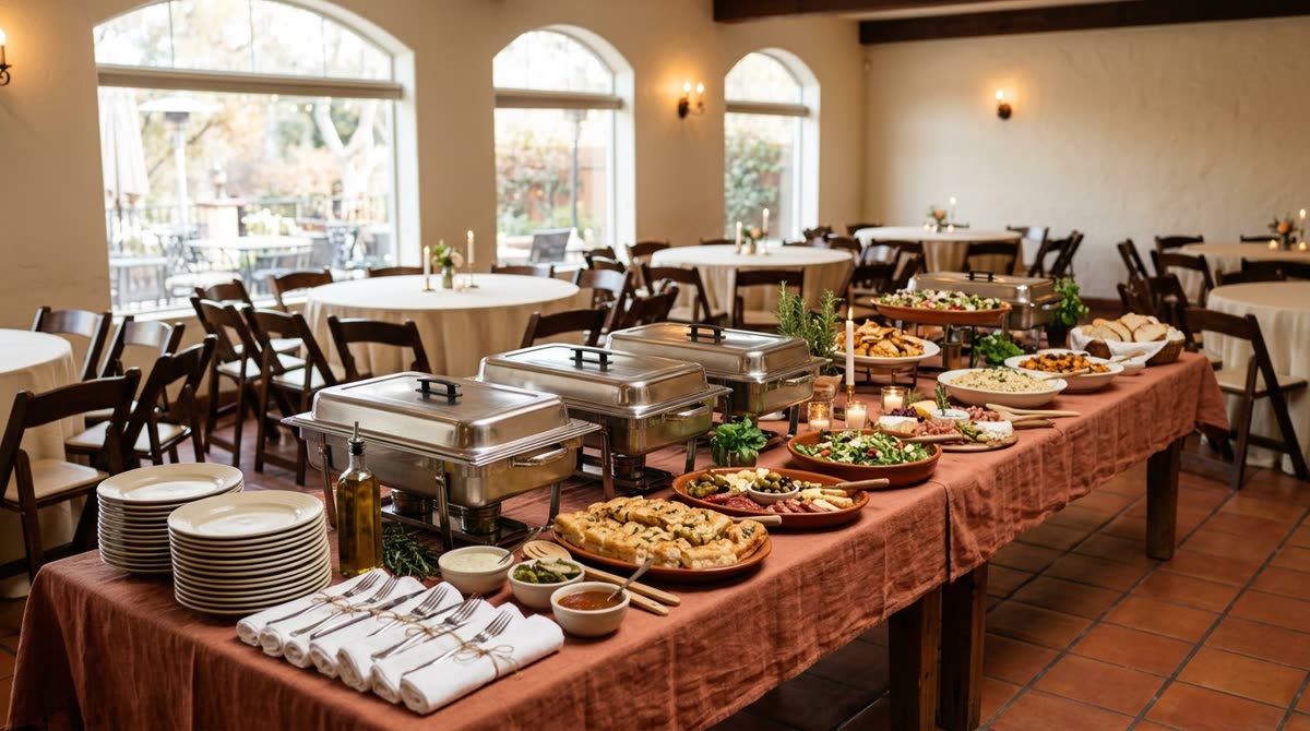 A long buffet table of covered catering trays and antipasti platters set up in a bright event room.
