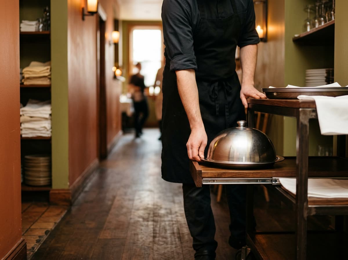 A caterer in a black apron, face out of frame, sliding a covered tray onto a wheeled cart.