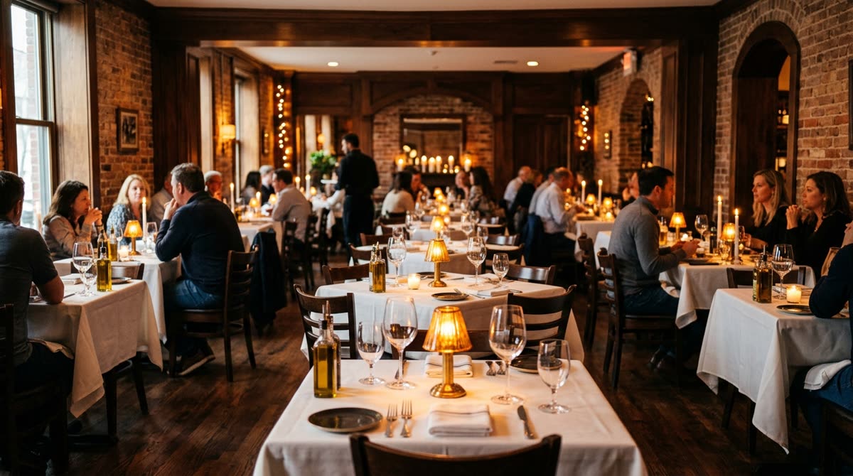 A warm Italian dining room at dinner with white-clothed tables, small lamps and blurred guests.