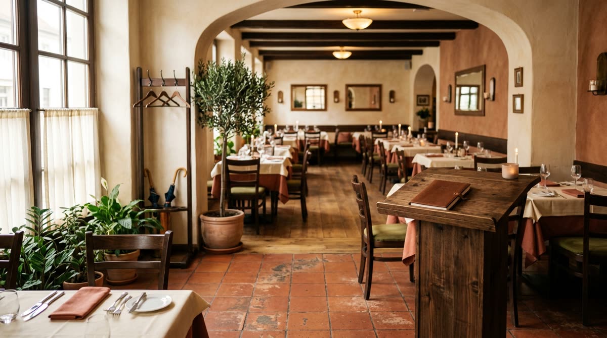 A wooden host lectern in a restaurant entry with an empty set dining room behind it.