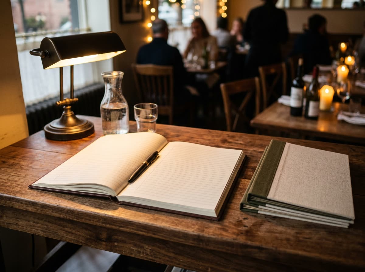 An open ledger with blank pages, a pen and a small lamp on a host lectern.